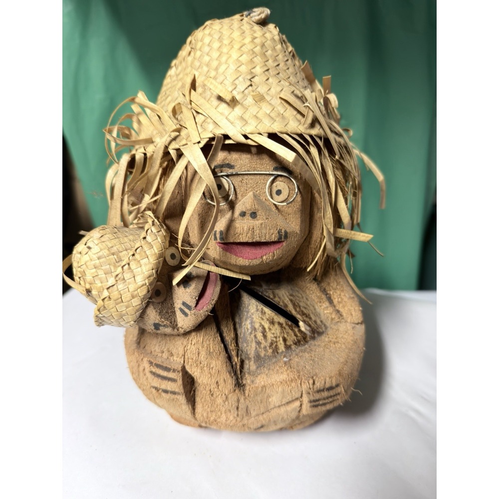 Vintage Hand Carved Coconut Monkey Mom & Baby Straw Hats 10" Tiki Coin Bank
